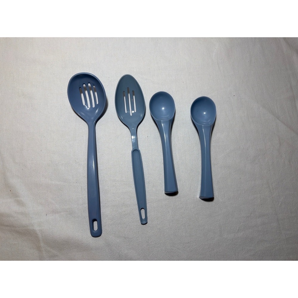 Vintage EKCO Slate Blue Melamine Kitchen Utensil Set 4pc Slotted Serving Spoons